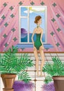 Girl in swimsuit near the window